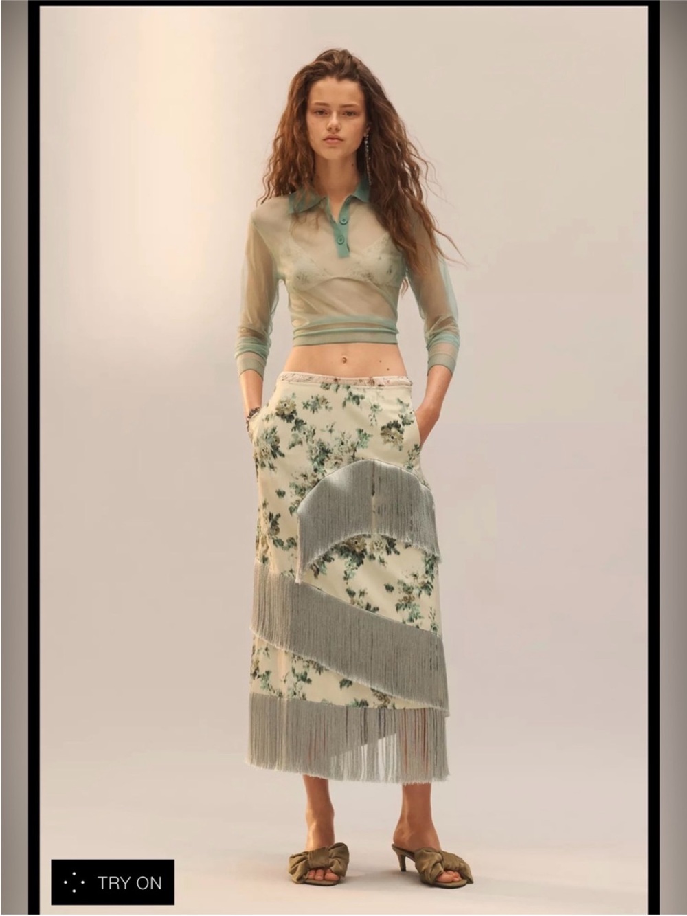 Zara Cream & Sage Green Floral Fringe Maxi Dress